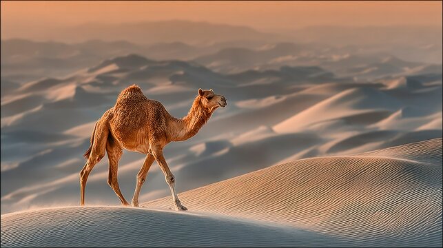 Camel walking on sand dunes at sunset