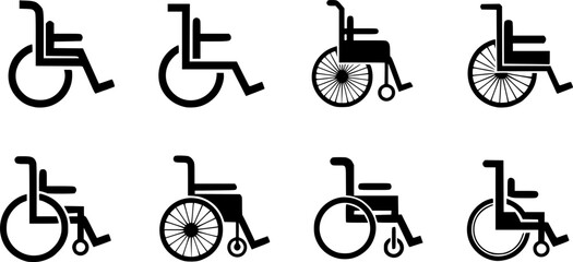 set of black Clean vector icon of a wheelchair silhouette
