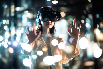 School child using virtual reality headset with artificial intelligence and machine learning tools. Interactive smart tech and blue holograms in modern education.