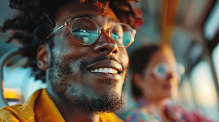 Obraz premium A smiling man with glasses enjoys a moment on a bus with a friend, capturing an essence of friendship, shared experience, and the joy of life's simple moments.