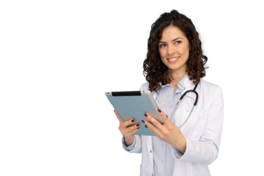 Smiling female doctor using a digital tablet, showcasing modern technology in a healthcare setting, isolated on a transparent background