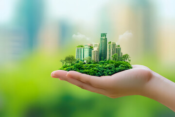 Hand holding sustainable cityscape with lush green trees