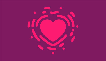 Vibrant heart icon on purple background. A heart icon with dynamic curved lines and dots radiating outward. Themes of love, affection or digital creativity.