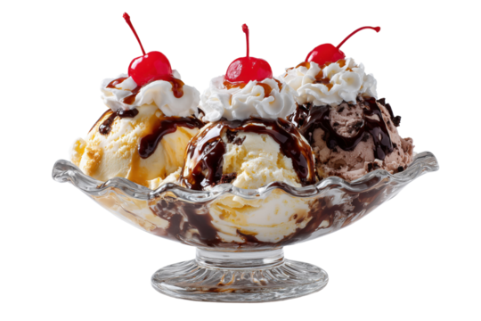 Delicious ice cream sundae with whipped cream, cherries, and chocolate sauce in a glass dish, perfect for sweet treats.