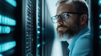A focused man with glasses and a beard studies the data server room, surrounded by glowing server lights, highlighting the ever-evolving world of technology and data management.