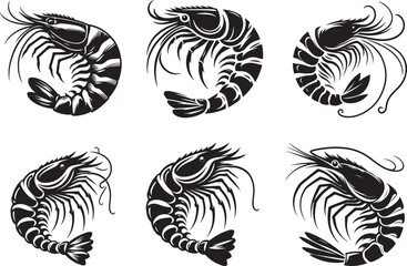 Black and white shrimp vector silhouette isolated on a white background bundle design