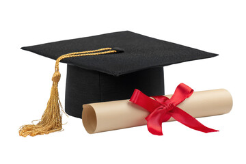 Graduation cap and diploma rolled with a red ribbonIsolated on transparent Background.