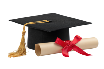 Graduation cap and diploma rolled with a red ribbonIsolated on transparent Background.