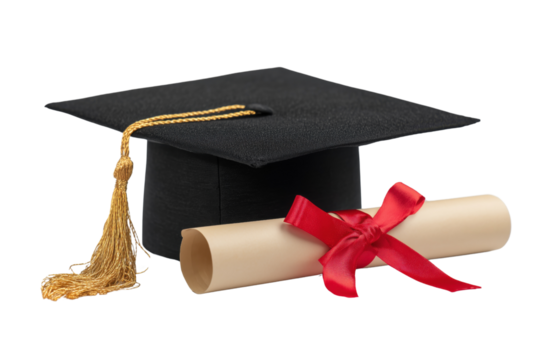Graduation cap and diploma rolled with a red ribbonIsolated on transparent Background.