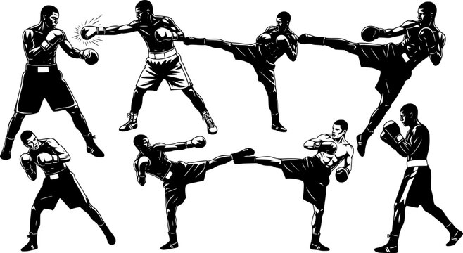 set of black boxer, kickboxing kick boxer boxing men, boxer throwing a punch silhouettes