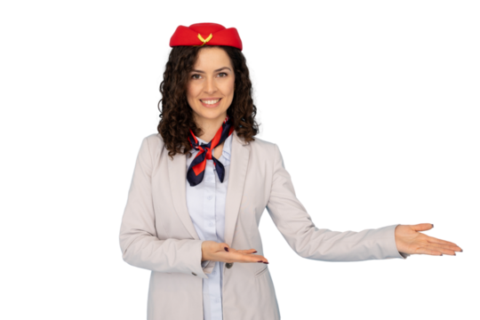 Female flight attendant posing in crisp navy uniform, displaying gesture against white backdrop