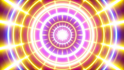 Abstract Neon Light Tunnel with Purple and Yellow Circles