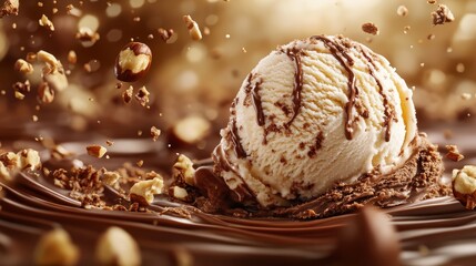 A tantalizing scoop of chocolate ice cream drizzled with syrup and sprinkled with crunchy nuts, evoking indulgence and the joy of sweet treats in any dessert lover's heart.