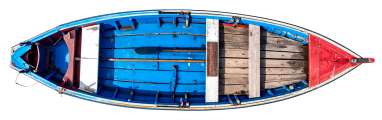 top view of wooden boat in blue color isolated on white background