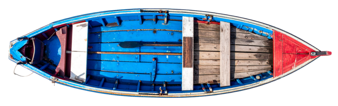 top view of wooden boat in blue color isolated on white background
