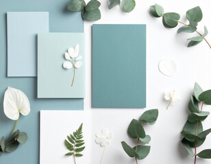 White and sage background ,Minimalist  with Eucalyptus Leaves and White Flowers for Wedding Invitation, party invites , digital creations, top view