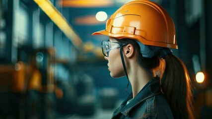 Portrait of a female construction worker in safety gear, looking determined in an industrial setting - Powered by Adobe