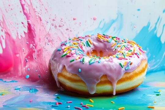 Vibrant donut topped with pastel frosting and colorful sprinkles in a paint splash background