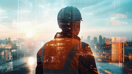 Construction worker silhouette with city skyline and digital overlay, futuristic industrial concept - Powered by Adobe