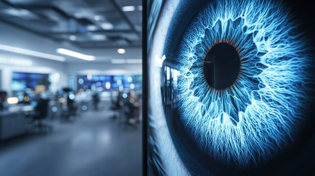 High-tech eye scan on a large display, blurred office background