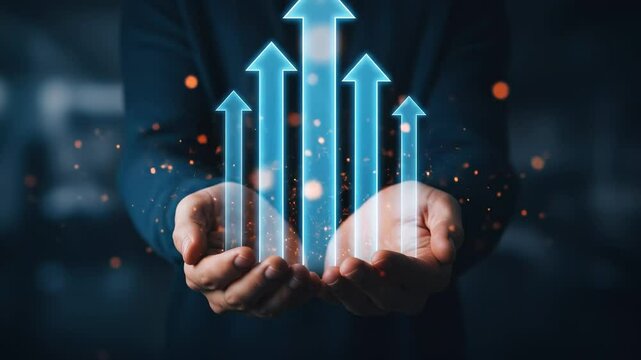 Hands holding glowing arrows symbolizing growth and progress in a digital world of data and technology