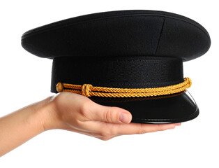 hand carrying a pilot hat in black color isolated on white background