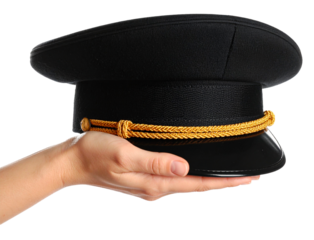 hand carrying a pilot hat in black color isolated on white background