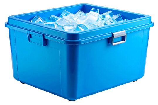 open blue ice box fulled with ice cubes isolated on white background