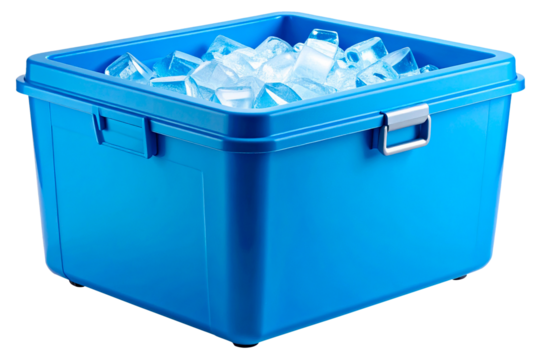 open blue ice box fulled with ice cubes isolated on white background