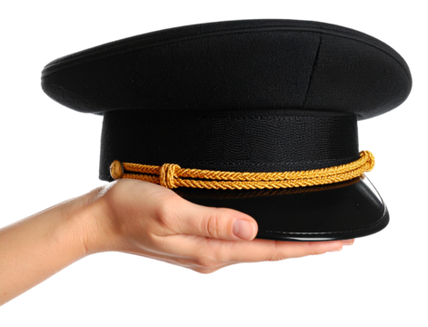 hand carrying a pilot hat in black color isolated on white background