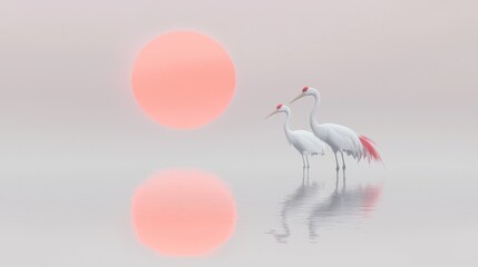 Serene Red Sun Setting on Horizon with Two White Cranes Reflection