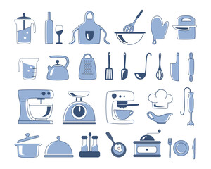 A set of vector icons on the theme of cooking in blue color. Hand-drawn illustrations of kitchen tools are on a white background. Collection of color clipart for decoration, design, doodl.