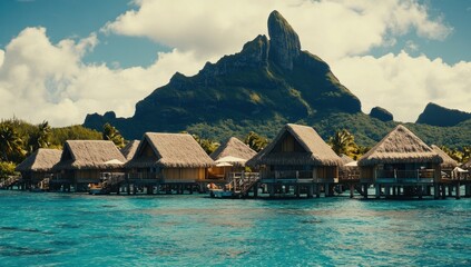 Fototapeta premium Cinematic shot of Bora Bora, an overwater bungalow resort with many rooms and umbrellas on the turquoise waters in French Polynesia, with a mountainous background Generative AI