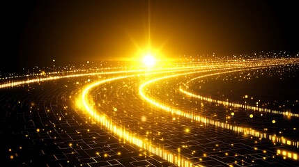 Golden illuminated path with glowing particles effect and optical flare