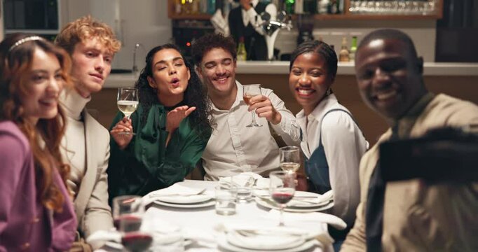 Couple of friends, restaurant and selfie with wine for social gathering, celebration or peace sign. Group date, people and take picture at dinner for party, blow kiss and smile for photo online