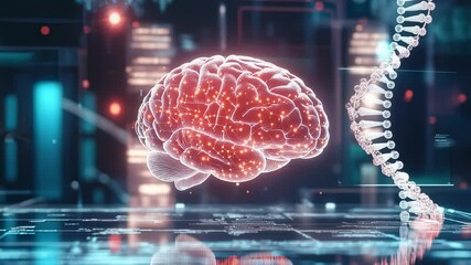 Futuristic digital brain and DNA helix with glowing connections, symbolizing artificial intelligence and genetic research - Powered by Adobe