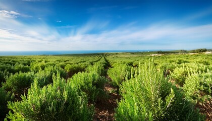 green rosemary field closeup bokeh effect horizon with blue sky