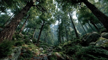 Serene Forest Path Lush Greenery Tall Trees Rocky Terrain Nature Background