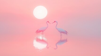 Serene Minimalist Scene of Two Cranes Silhouetted Against Rising Sun