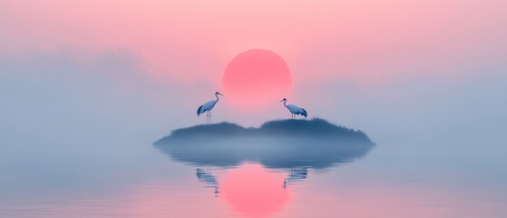 Tranquil Island Scene with Two Cranes and Rising Red Sun