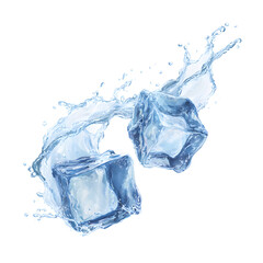 Obraz premium Two translucent ice cubes tumble through a splash of water, isolated on transparent background