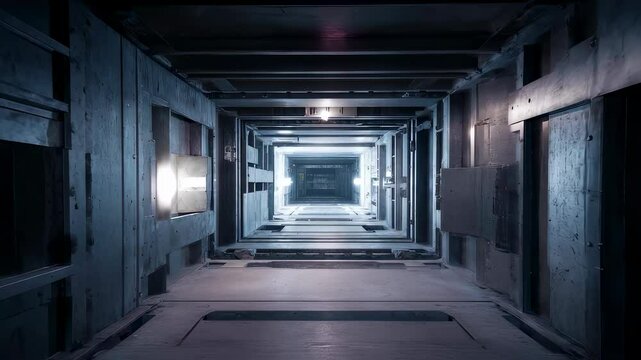 Metallic corridor gradually revealing hidden depths as progressive lighting transforms dark, industrial passageway into luminous architectural landscape with emerging mysterious atmosphere