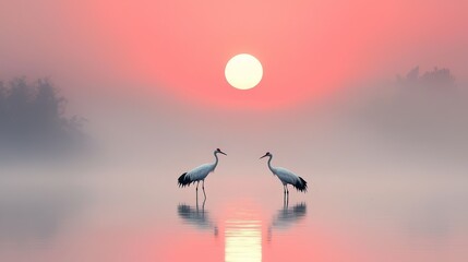 Two White Cranes Silhouetted Against a Misty Red Sunrise Horizon