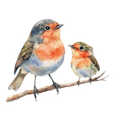 A Mother Robin With Her Kid, watercolor drawing vector, high quality, isolated on a white background.