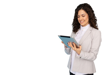 Fototapeta premium Businesswoman holding and using a digital tablet, showcasing modern technology against a transparent background in a professional work setting
