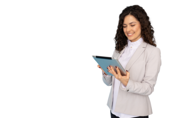 Businesswoman holding and using a digital tablet, showcasing modern technology against a transparent background in a professional work setting