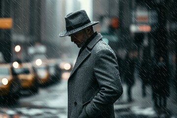 A man in a grey coat and hat stands under rain on a bustling city street in a vibrant urban setting