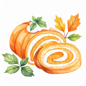 Watercolor Pumpkin Roll Cake with Autumn Leaves