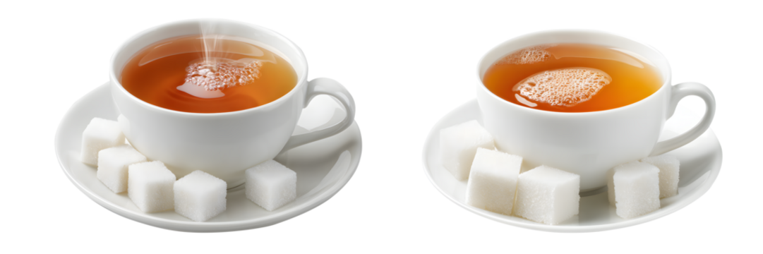 Two steaming cups of tea, isolated on transparent background, are surrounded by glistening sugar cubes ready to be added