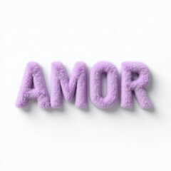 A creative text arrangement spelling Amor with fluffy purple texture against a clean background